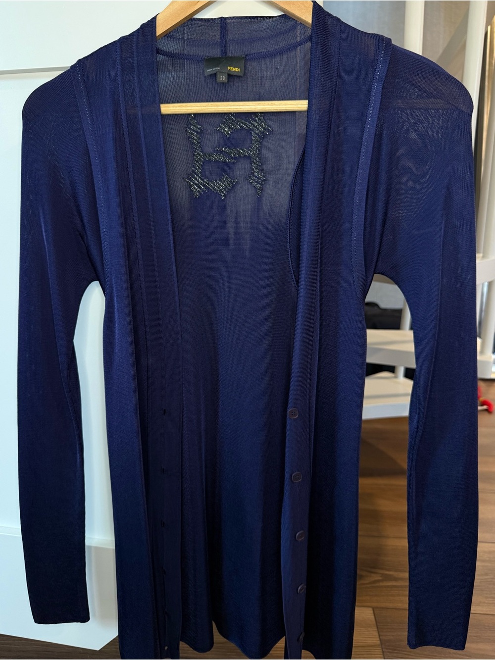 Fendi Navy Sheer Knit FF Logo Cardigan Size 38